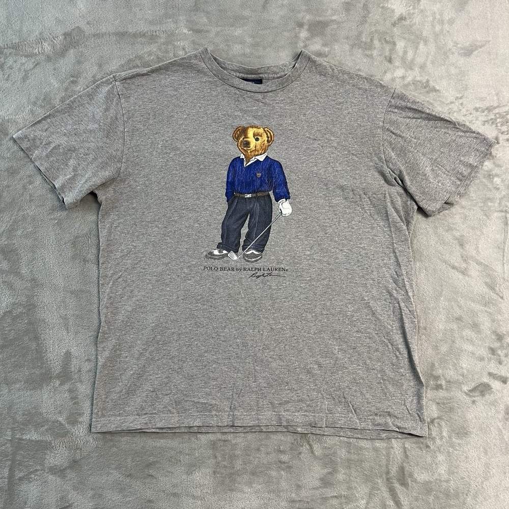 VTG 90s Polo Ralph Lauren Golf Bear T Shirt Mens M Gray Graphic Short Sleeve EUC